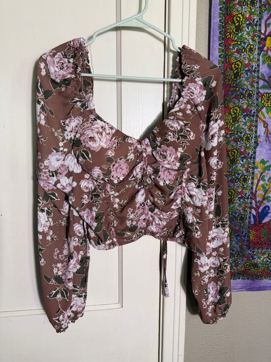 madden nyc Tops - Madden NYC 3X Floral Corset Top Brown Pink Ruched Bustier Long Sleeve Blouse